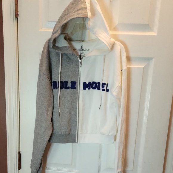 NEW Cynthia Rowley Embroidered Knit Zip Up Hoodie in White Gray size XS - Picture 9 of 11